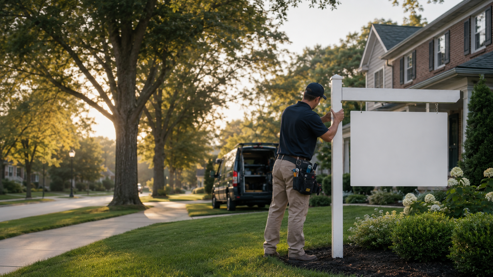 Professional installer completing a real-estate sign-post installation